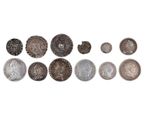 A small collection of British silver coins, comprising: George II, shilling, 1745, Lima (S 3703), near fine; George III, shil