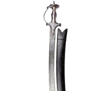 An Indian sword (tulwar), curved blade 31.5 in., double edged for the last 10 in., engraved to either side with Arabic text w