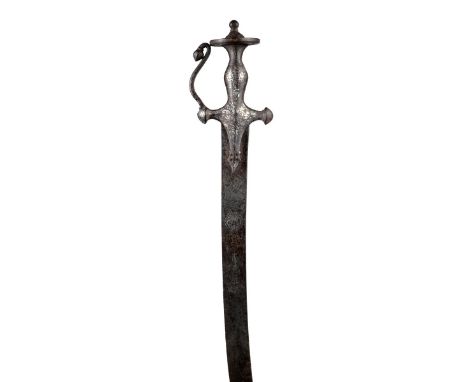 An Indian sword (tulwar), watered steel blade shamshir type blade 34.5 in., with gold inlaid Arabic script in a cartouche and