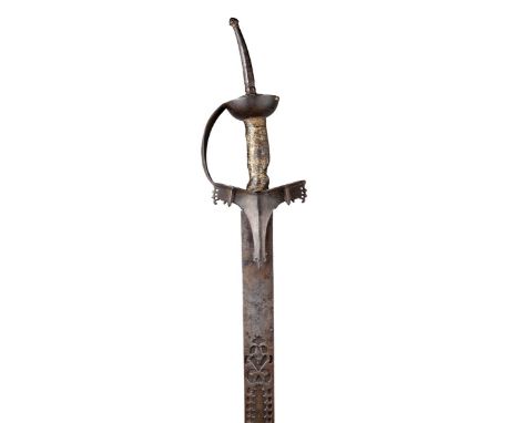 An Indian sword (khanda), straight flaring blade 32 in., double edged with rounded shoulders to the broad point, characterist