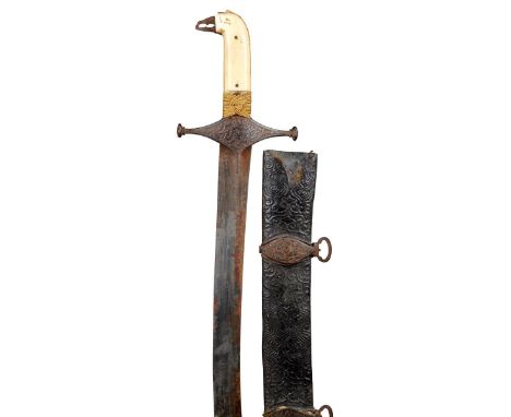 λ A Persian sword (shamshir), curved blade 28 in., iron hilt with Arabic script in relief to the ecousson and rosette termina