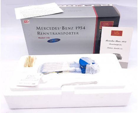 CMC, a boxed 1:43 scale M-036K Mercedes-Benz 1954 Renntransporter with blue body, wheels with plated hubs with flatbed. This 