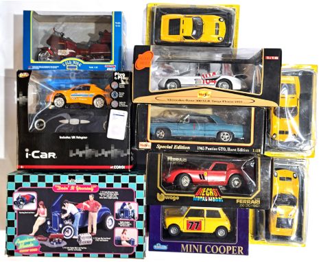 Bburago, ERTL, Corgi and similar, a boxed group of 1:18 and similar scale models along with battery operated and magazine iss