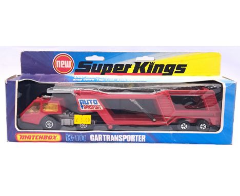 Matchbox "Super Kings" K-10 Articulated Car Transporter - Red cab &amp; trailer with light Amber windows, chrome interior, si