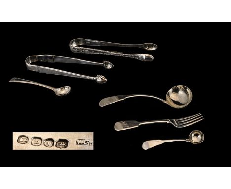 A Collection of Antique Period Small Silver Flatware Pieces all Fully Hallmarked. Comprises 1/ George III Pair of Silver Suga