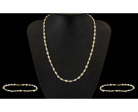 A Fine Quality 1980's Pearl Necklace Set with 14ct Gold Spacers and Clasp. Marked 14ct. Complete with Matching Bracelet, Also
