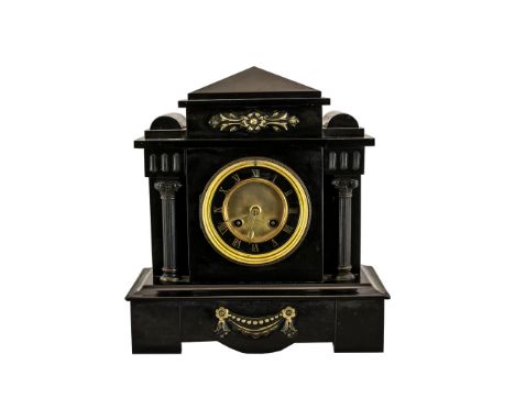 Black Slate Mantle Clock with Black Marble Chapter Ring, Arched Top and Column Sides. 