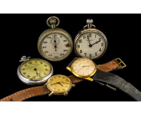 Mixed Lot To Include Three Base Metal Open Faced Pocket Watches Two Dials Marked Inventic &amp; Railway Time Keeper, Together