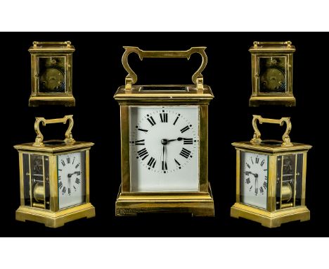 English - Heavy Brass Carriage Clock with Glass Bevelled Panels and Visible Lever Escapement, White Dial with Black Numeral o