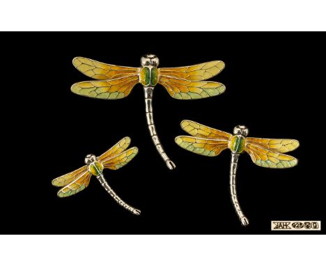 Contemporary Design Superb Quality Set of 3 Signed Silver and Enamel Dragonfly Figures. Hallmark Birmingham 2006, Makers Mark