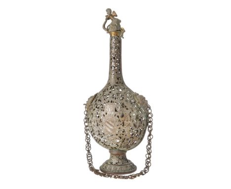 A North Italian, probably Venetian, pierced and engraved copper alloy pilgrim flask, 17th century, the openwork body with scr