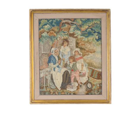 A late George III woolwork picture, circa 1800, worked in coloured threads, depicting a pastoral scene with a mother and chil