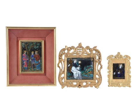 Three Limoges enamelled copper pictures in Mediaeval style, 19th century, one in the manner of work by Julien Robillard, depi