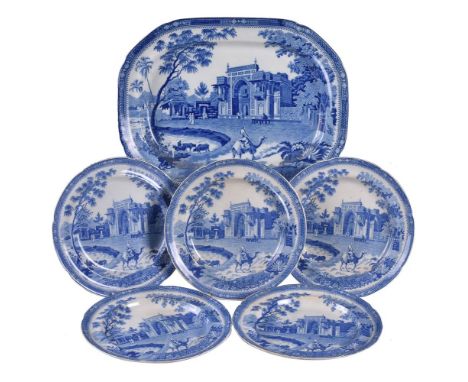 A selection of Roger's blue and white pearlware printed with the 'Gate leading to Musjed at Chunar Ghun (camel)' pattern, fir