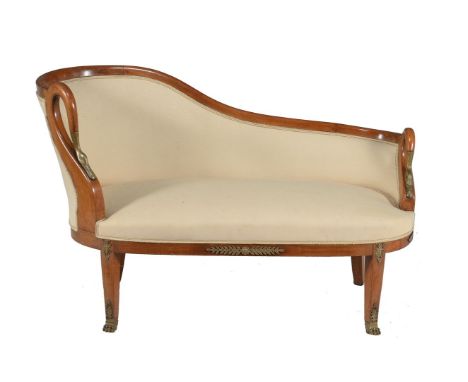 A walnut and upholstered sofa in Empire style, second half 19th century, with gilt metal swan's heads to each of the arms to 