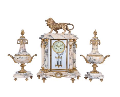 A French gilt brass and marble four-glass mantel clock garniture, the movement by A.D. Mougin, circa 1900, the circular eight