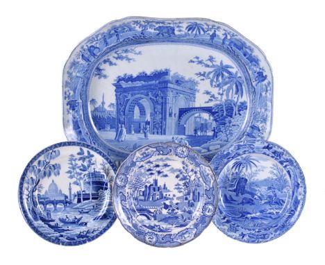 A Spode blue and white pearlware meat dish from the 'Caramanian' Series, first quarter 19th century, printed with the 'Triump