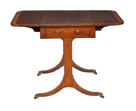 ϒA George III mahogany, satinwood banded, and tulipwood crossbanded sofa table, circa 1790, with inlaid frieze drawer to one 