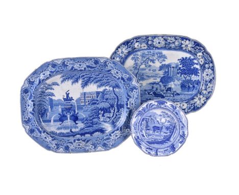 A Staffordshire blue and white printed pearlware meat plate, possibly C.J. Mason &amp; Co. printed with the 'Trentham Hall' o