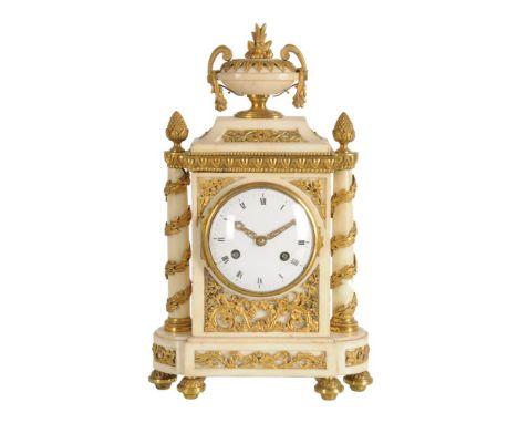 A French ormolu mounted white marble mantel timepiece in Louis XVI style, unsigned, circa 1860 and later, now with a circular