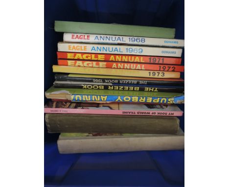 A box of vintage annuals including  'Eagle Annuals 1963, 68, 69, 71, 72, 73', 'Beezer 1966, The Beezer Book and various other