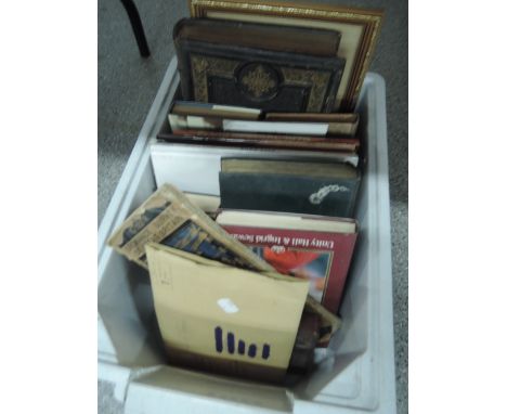 A box of vintage volumes, train photographs and ordnance survey map etc
