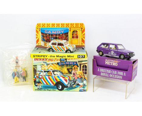 A Pair of boxed Mini model cars  includes, Dinky 107 Stripey The Magic Mini (1967-1969) with red interior, opening doors, ope