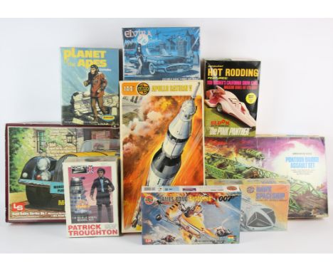 9 Assorted model kits. Made by Airfix, Eldon, Monogram, Aurora, LS, Comet. Models of James Bond Autogyro (Little Nellie), Elv