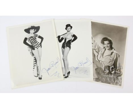 Three Jane Russell autographed publicity photos, two signed in fountain pen & one in ballpoint pen, one photo from the film S