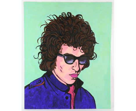 Bob Dylan - Original hand painted artwork on thick paper by John Judkins, signed and dated 72, flat, 55 x 67 cm. Background: 