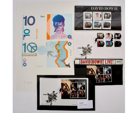 David Bowie: Limited Edition B£10 Brixton Pound Print, 2016 & Two First Day Cover Presentation Packs, 2017..- the print, offs