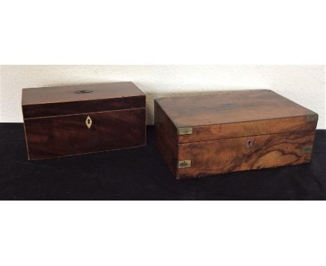 A mahogany brass bound writing slope together with a tea caddy. Est. £20 - £30.