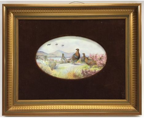 An attractive oval Royal Worcester painted panel depicting grouse. Signed B Cox. Approx. 19 cms x 12 cms. Est. £60 - £80.