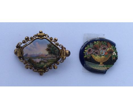 A Victorian porcelain brooch together with a micro-mosaic panel. Approx. 15 grams. Est. £50 - £80.