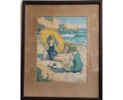 DUNCAN GLEESON: A framed and glazed watercolour depicting children playing in the sand at the beach. Signed. Approx. 39 cms x