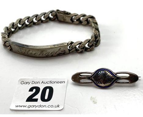 Silver ID bracelet inscribed 'Michael' and silver/enamel tie pin, total w: 1.1 ozt