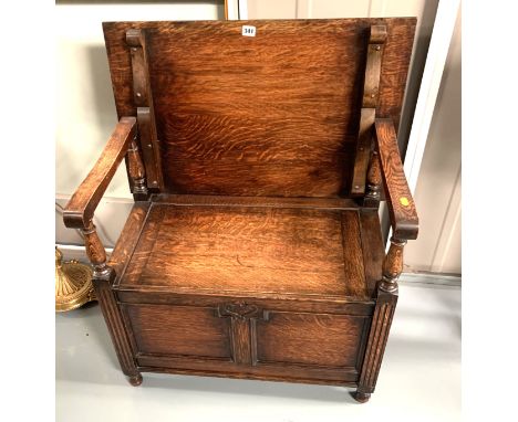 Oak monks bench, 30"w x 19"d x 27"h (down) 35.5"h (upright)