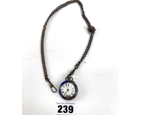 Enamel fob watch 1" diameter on metal chain, damage to face