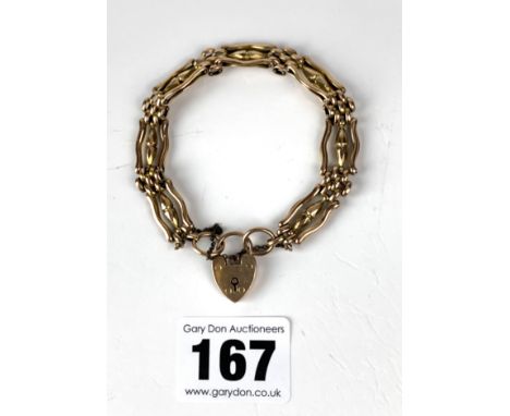 9k gold gate bracelet with heart lock, 7" long, w: 10 gms