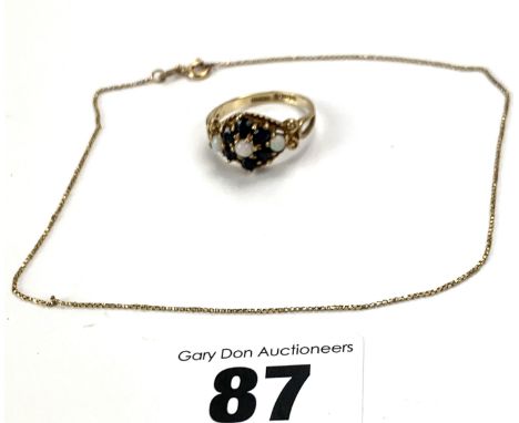 9k gold necklace 11" long and 9k gold ring with black &amp; white stones, size P/Q, total w: 3.8 gms