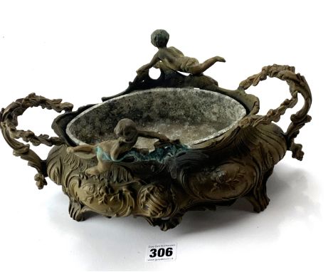 Bronze planter with cherub design and metal insert 13" long x 6" high