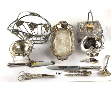 Assorted silver plated ware - wine basket, covered condiment dish, sugar scoop, tray, basket with cut glass dish, candle snuf