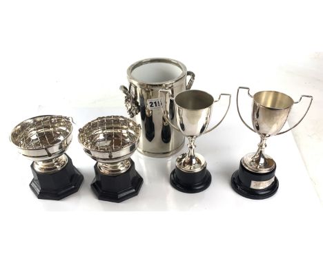 Silver plated ware - 2 cup trophies, 2 rose bowl trophies and wine bucket