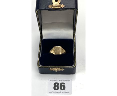 9k gold signet ring inscribed JA, size V, w: 3.5 gms