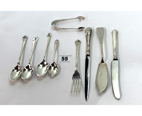 Assorted silver cutlery inc. 4 spoons, sugar nips, fork and 3 knives, total w: 5.3 ozt