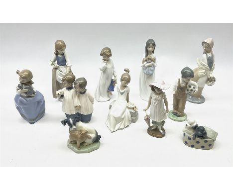 A group of assorted Nao figures, to include example modelled as girl a puppy, another similar example, girl with basket, girl