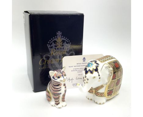 Two Royal Crown Derby paperweights, comprising Elephant decorated in the Imari 1128 pattern, with silver stopper, and a seate