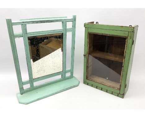 A light blue painted mirror with lower shelf, overall H51cm, together with a small green painted glass fronted wall cabinet, 