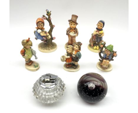 Six Goebel Hummel figures, together with a Caithness limited edition 'Illusion' paperweight, no 918/1000, and Ronson glass ta