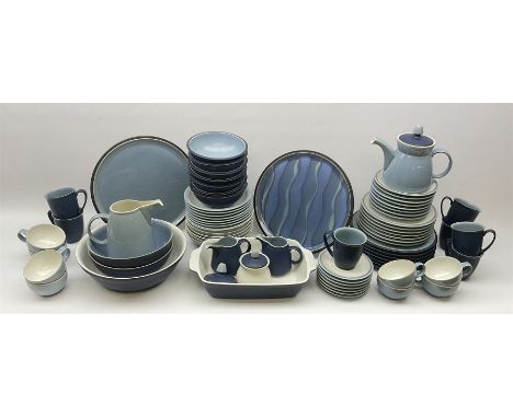 Denby tea and dinner wares, in tones of blue, comprising seven dinner plates, seven salad plates, eight side plates, six bowl